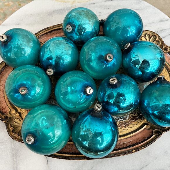 Vintage Box of 12 Christmas Glass Ball Ornaments Japan Aqua Mercury Glass - Picture 5 of 10